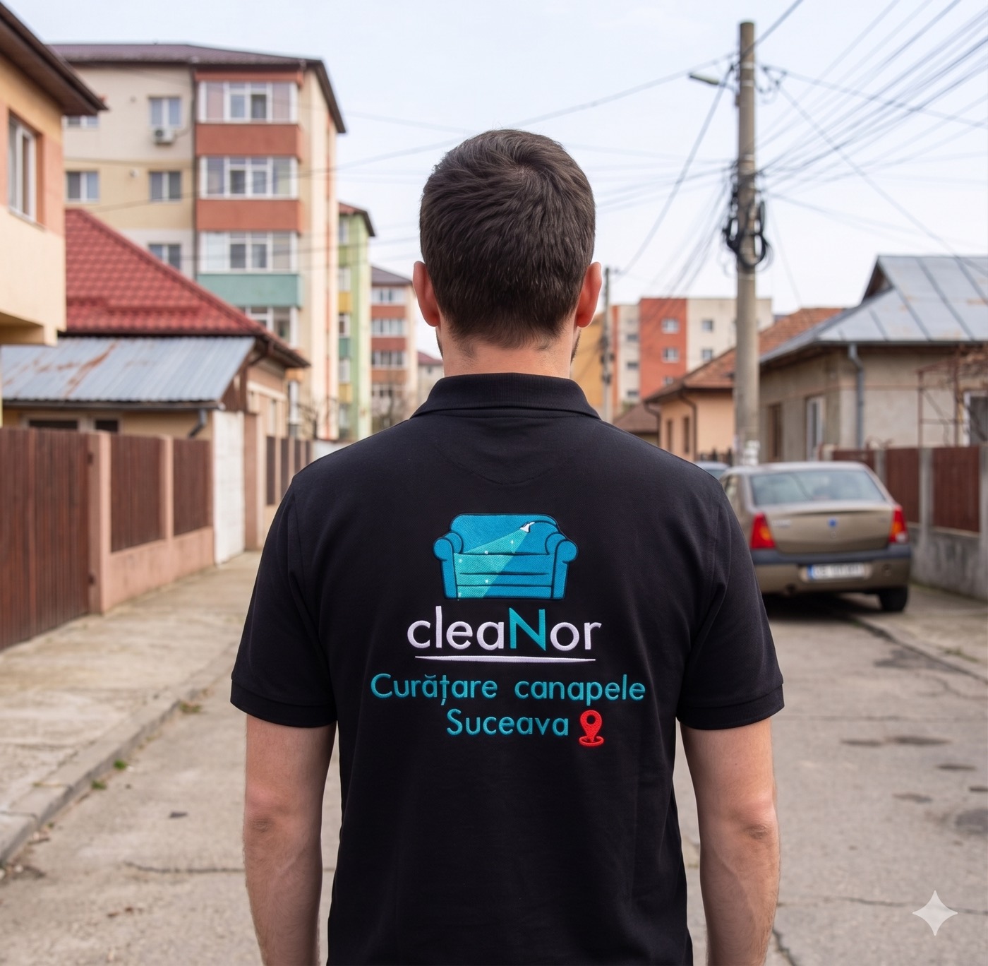 Tricou polo brodat cleaNor — curățare canapele Suceava