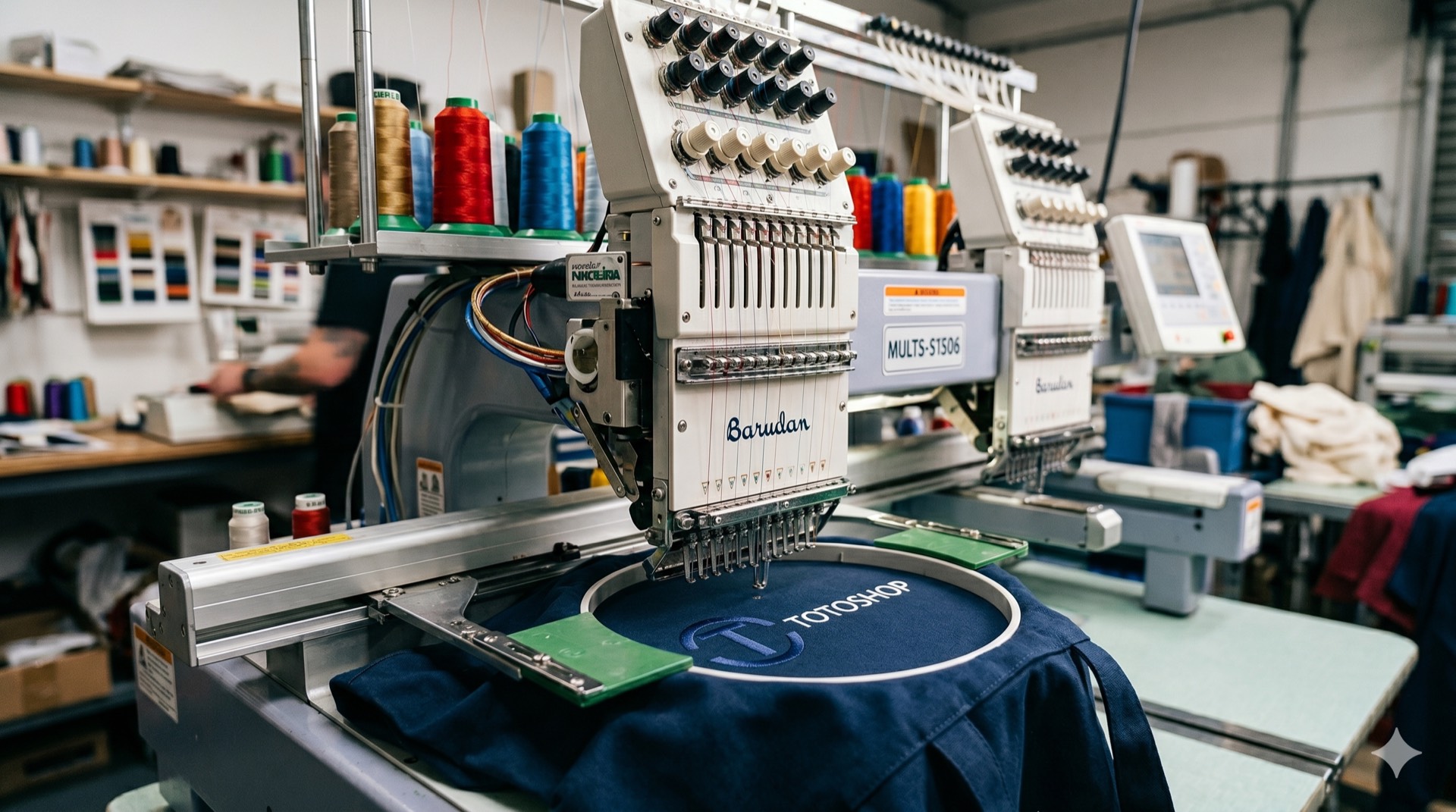 Mașină industrială de brodat care brodează un logo TotoShop